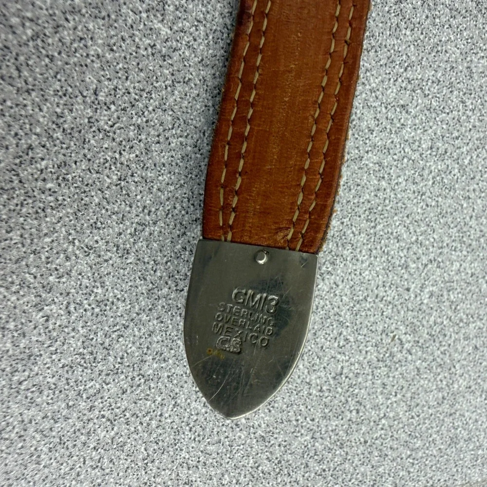 Vtg Tony Lama Belt Mens 32 Black Brown Western Sterling Overlay Engraved Leather